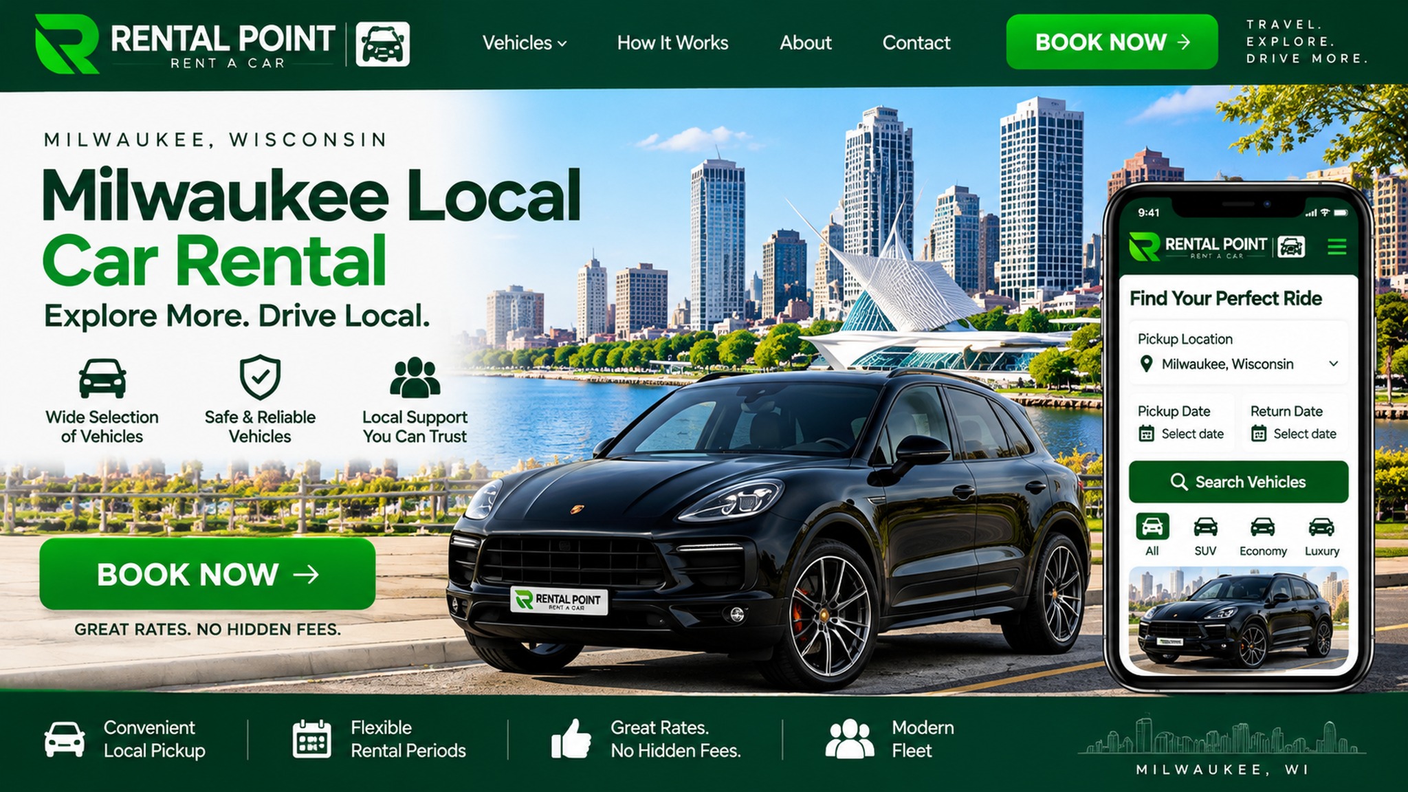 Rental Point Milwaukee Local Car Rental — Porsche, Milwaukee skyline and rental information